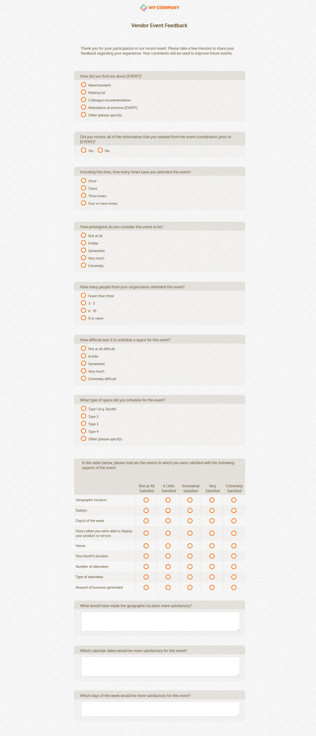 Vendor Event Feedback Survey Template [32 Questions With Regard To Event Survey Template Word