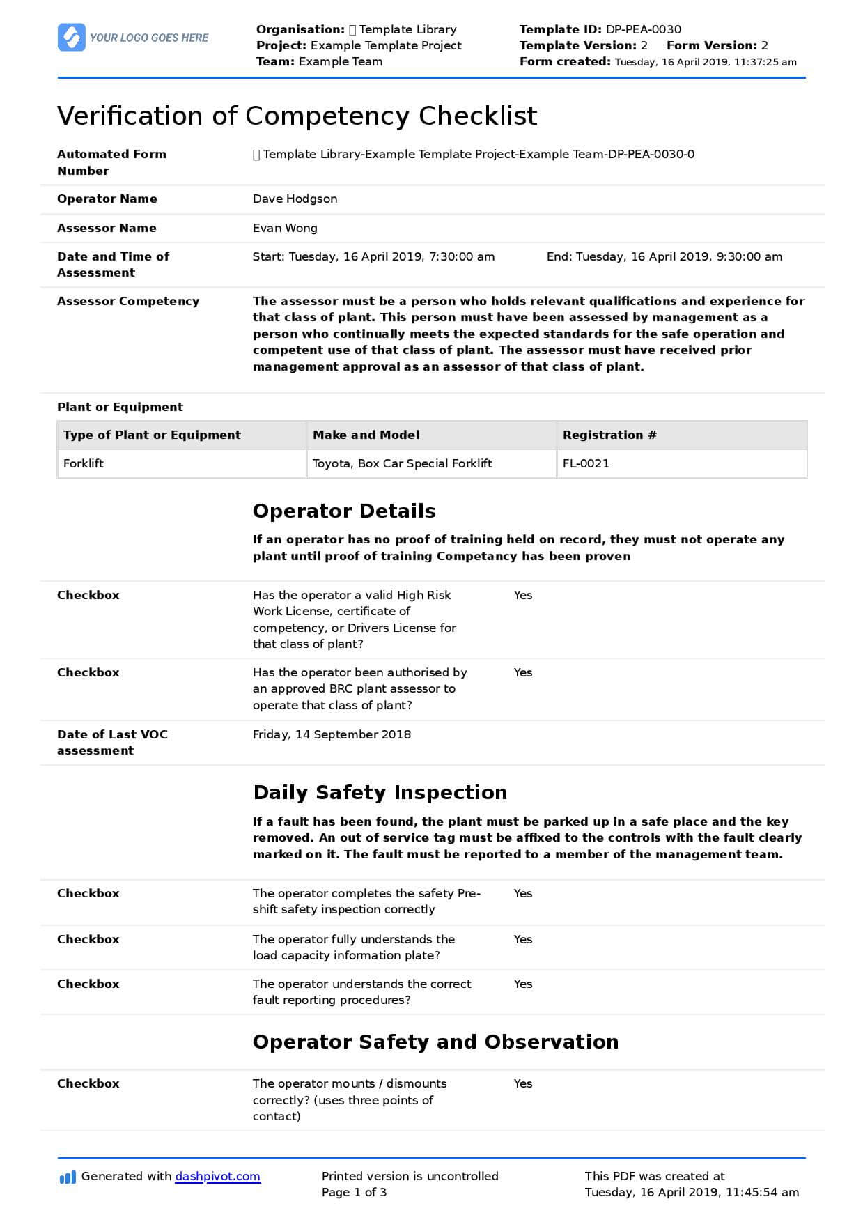 Verification Of Competency Template (Free And Editable Voc Form) Intended For Equipment Fault Report Template