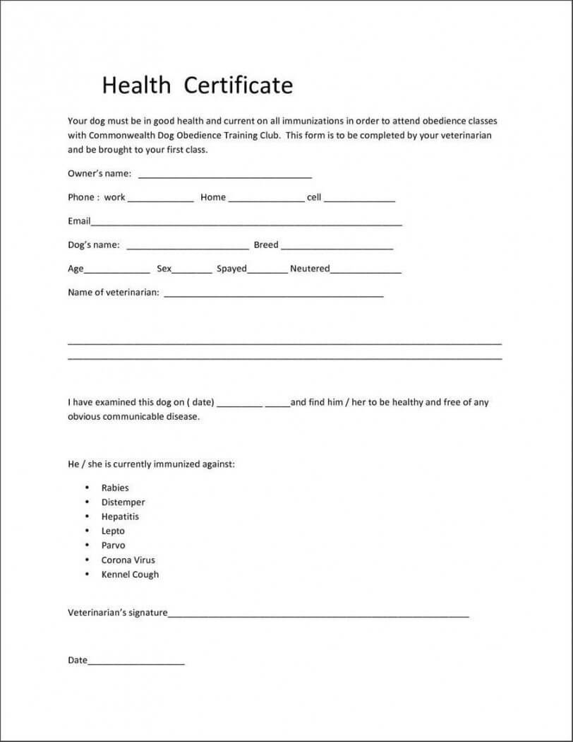 Veterinary Health Certificate Template Pet Health Within Veterinary Health Certificate Template