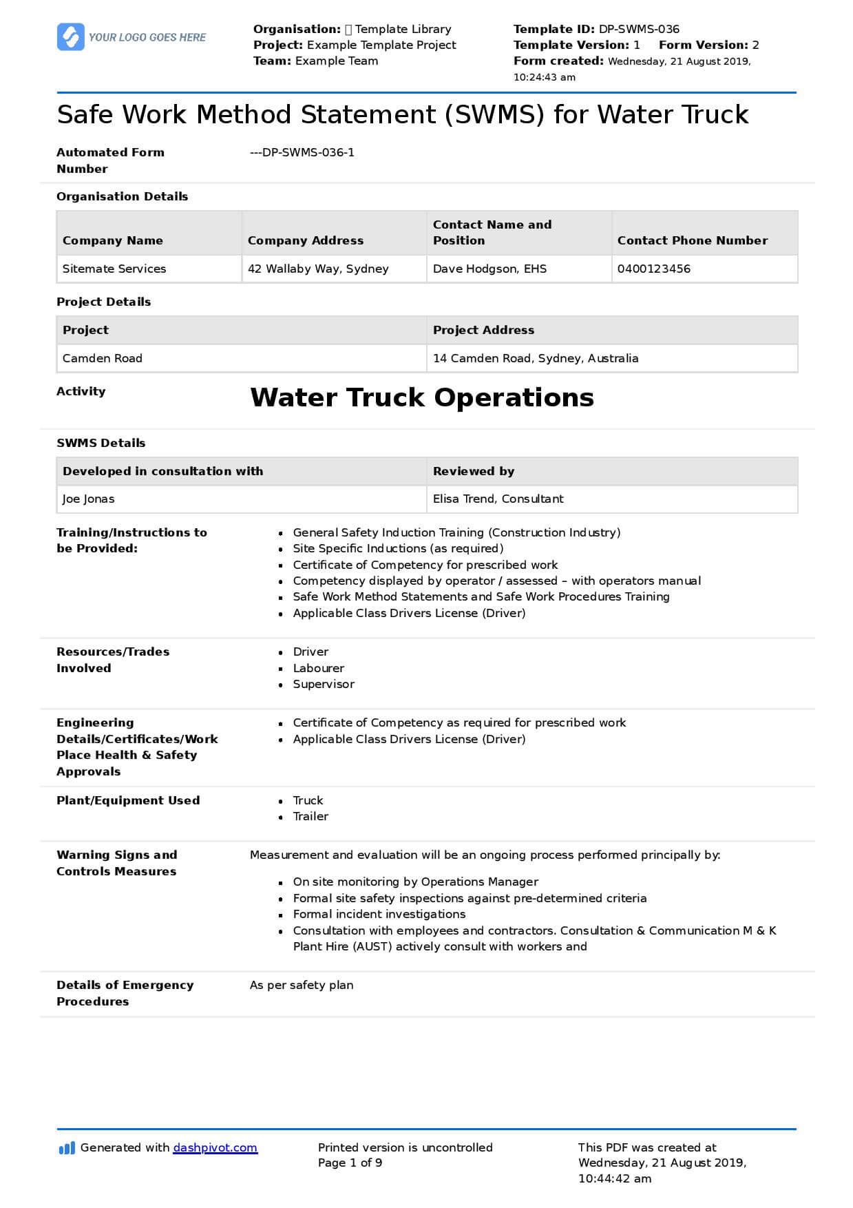 Water Truck Safe Work Method Statement (Free + Editable Swms) Throughout Safe Driving Certificate Template