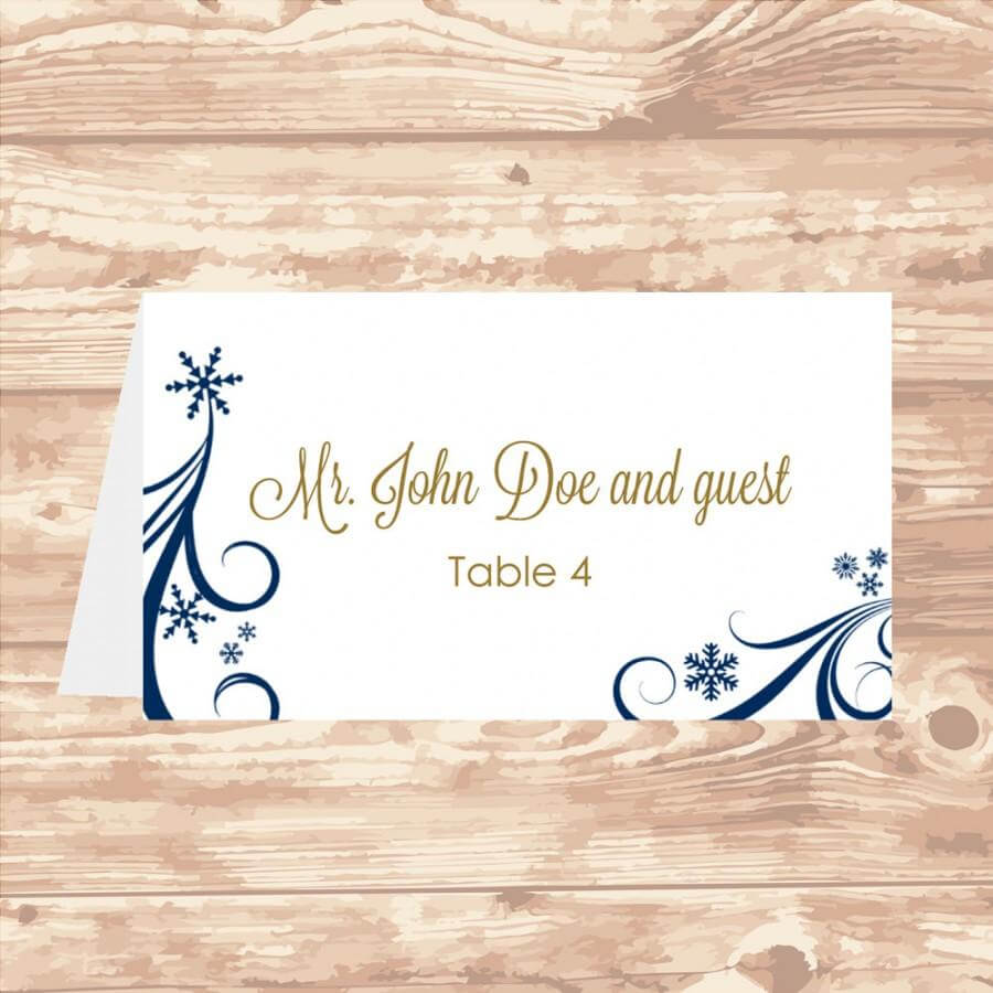 Wedding Place Card Diy Template Navy Swirling Snowflakes Throughout Wedding Place Card Template Free Word