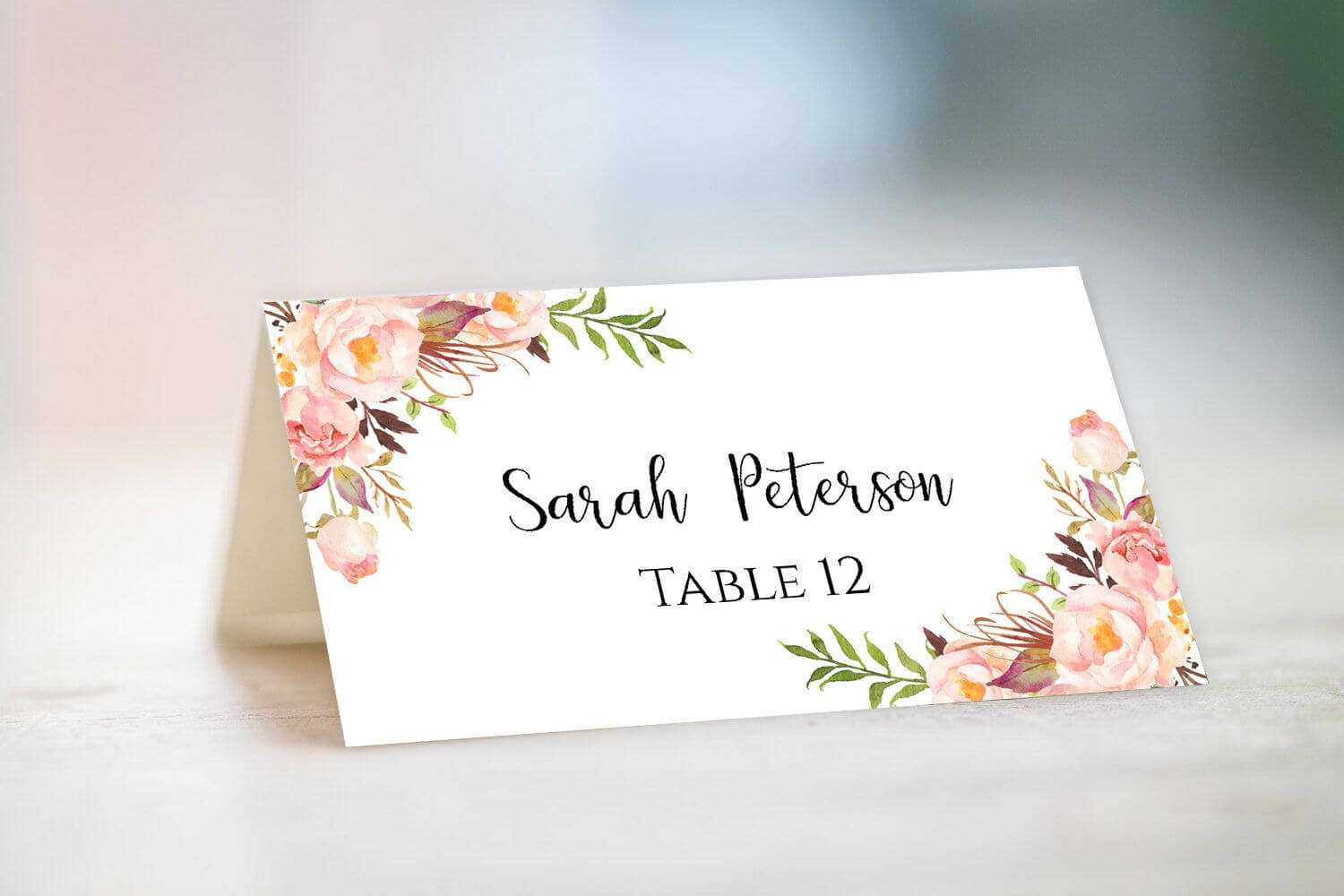 Wedding Place Card Template Fully Editable Diy Peony Flowers Regarding Table Name Card Template