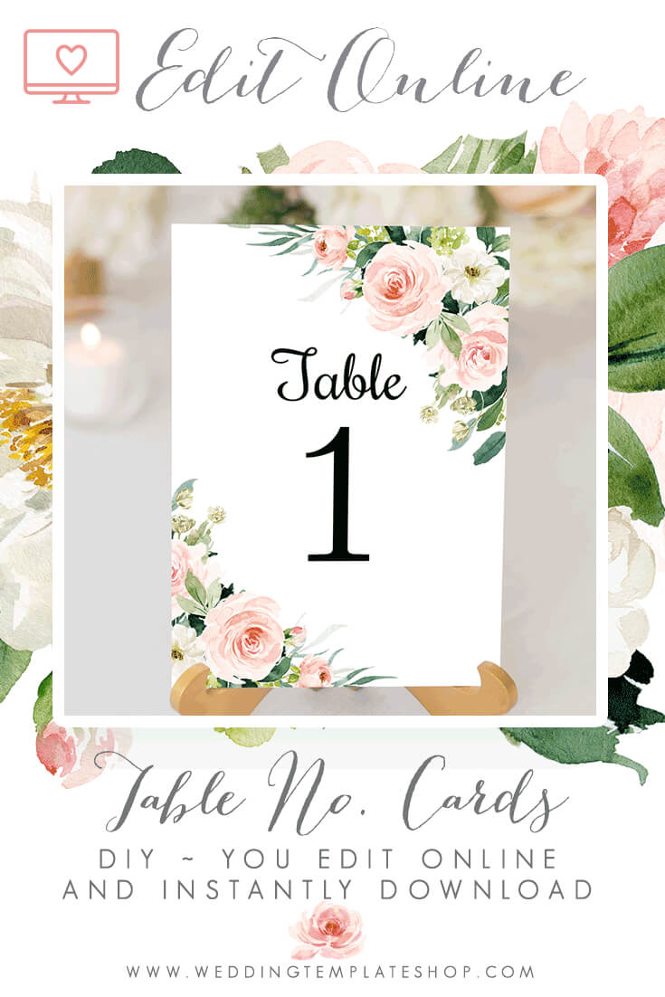 Wedding Table Number Cards Blush Florals Edit Online Inside Table Number Cards Template