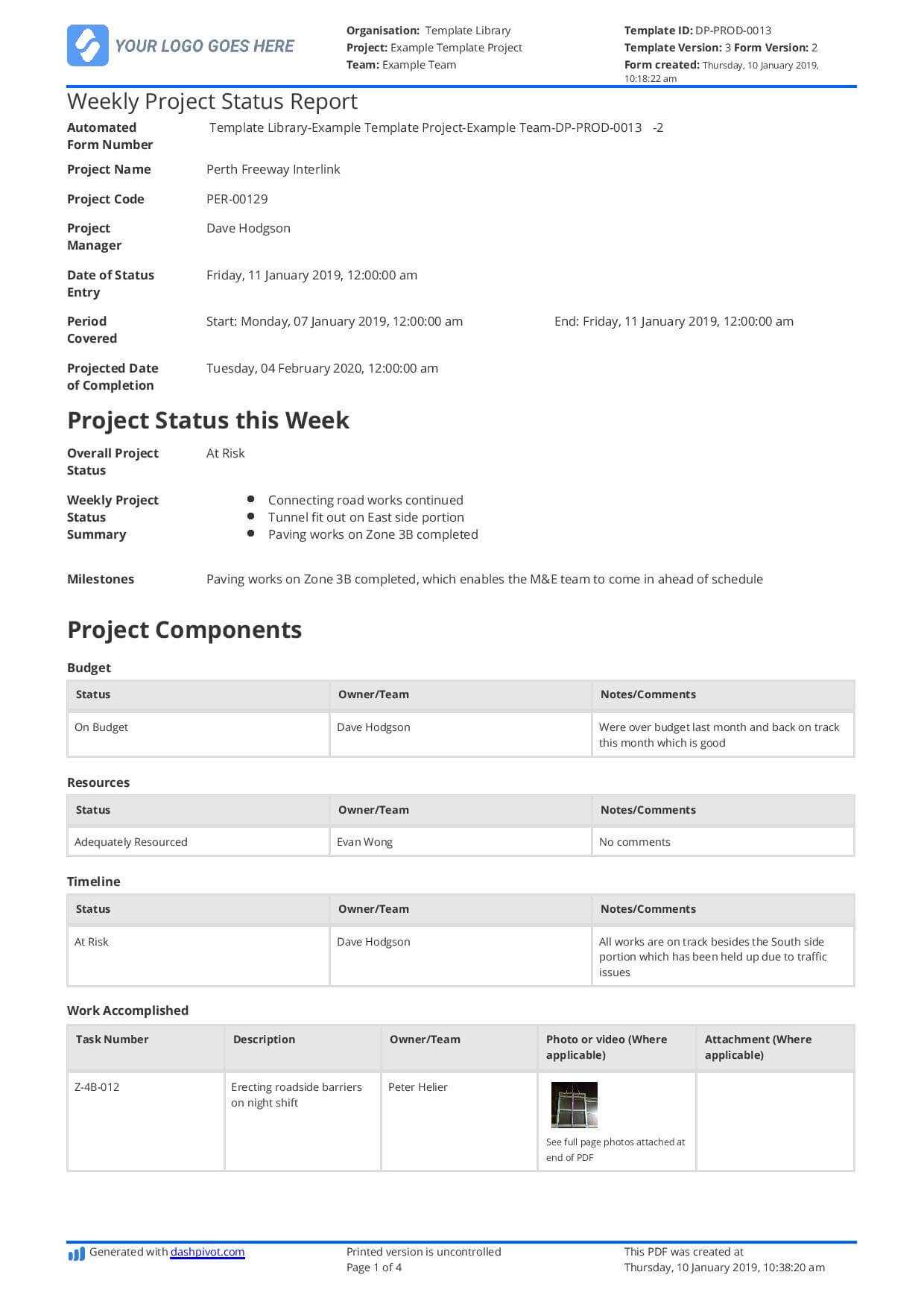 Weekly Project Status Report Template - Free And Customisable For Production Status Report Template