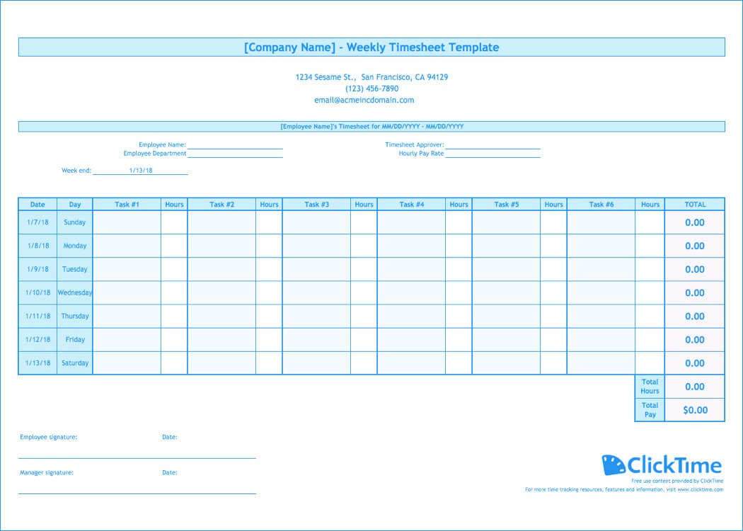 Weekly Timesheet Template | Free Excel Timesheets | Clicktime Within Weekly Time Card Template Free
