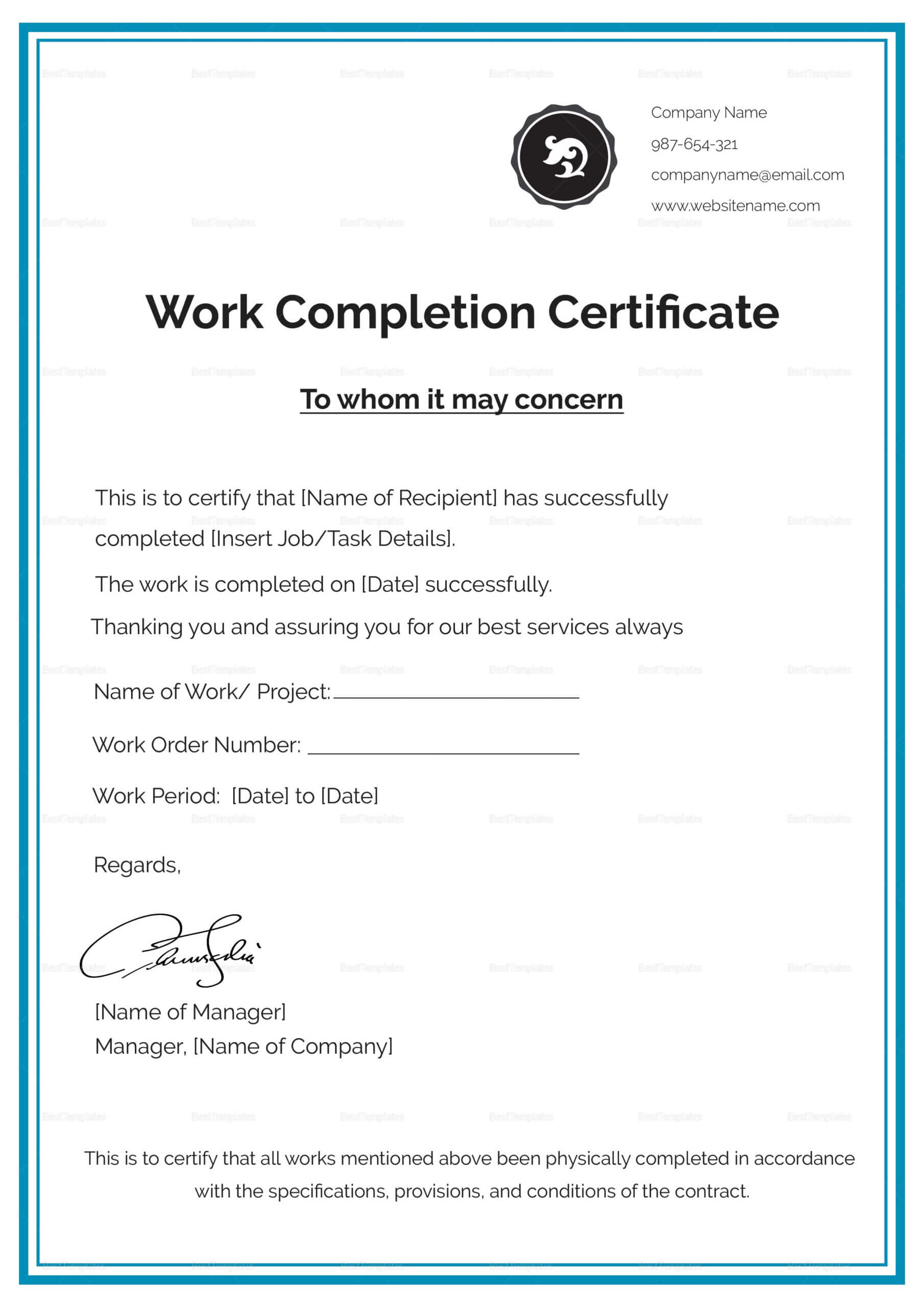 Work Completion Certificate Template | Business Letter For Construction Certificate Of Completion Template