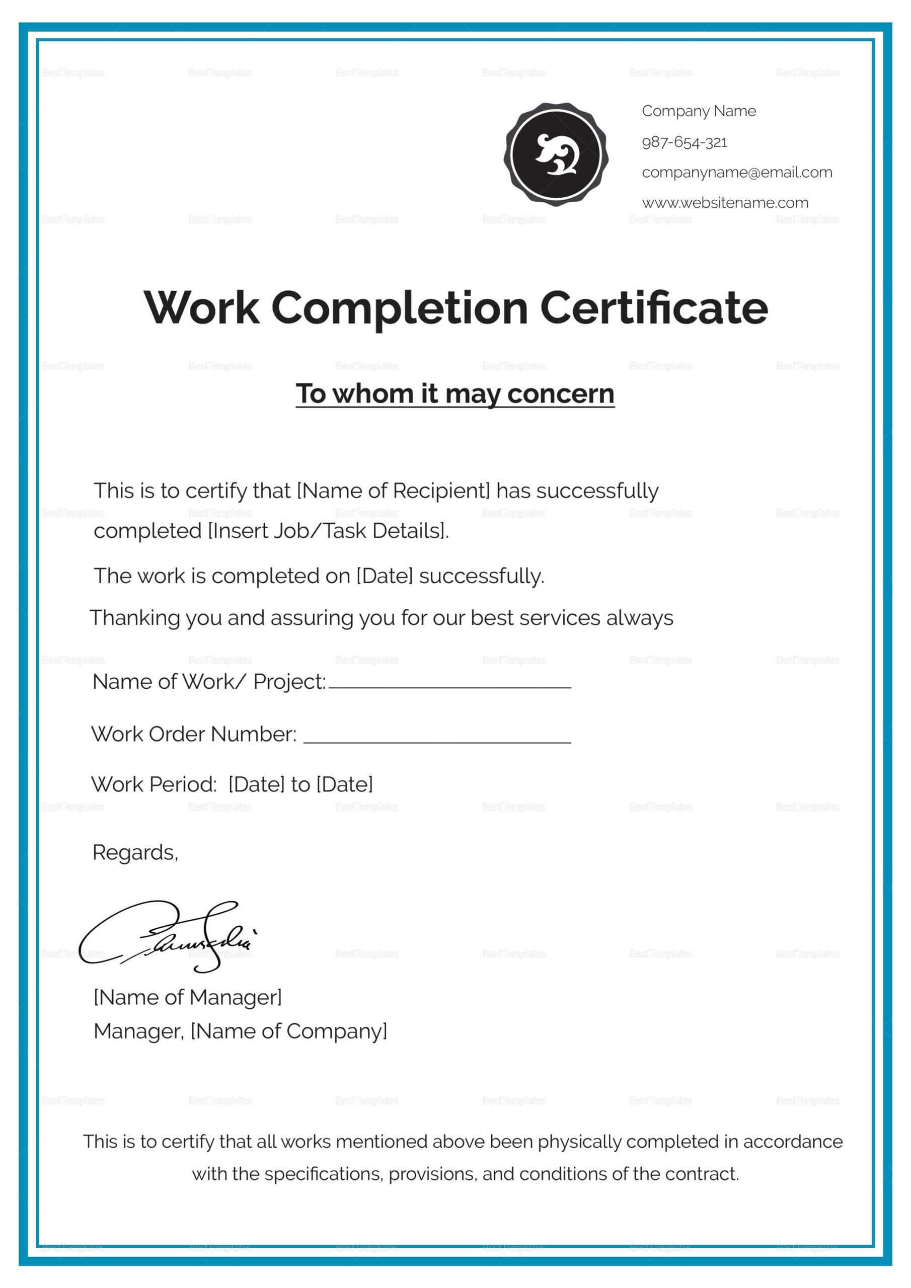 Work Completion Certificate Template In 2020 | Certificate Regarding Certificate Template For Project Completion