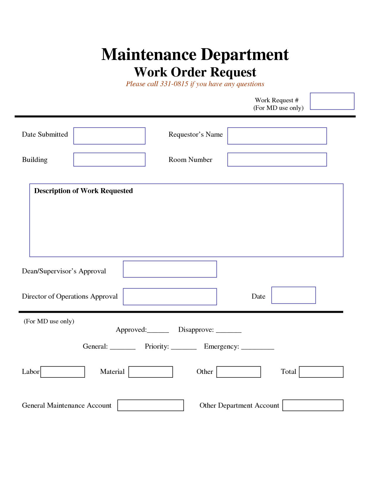 Work Request Form | Maintenance Work Order Request Form Regarding Maintenance Job Card Template