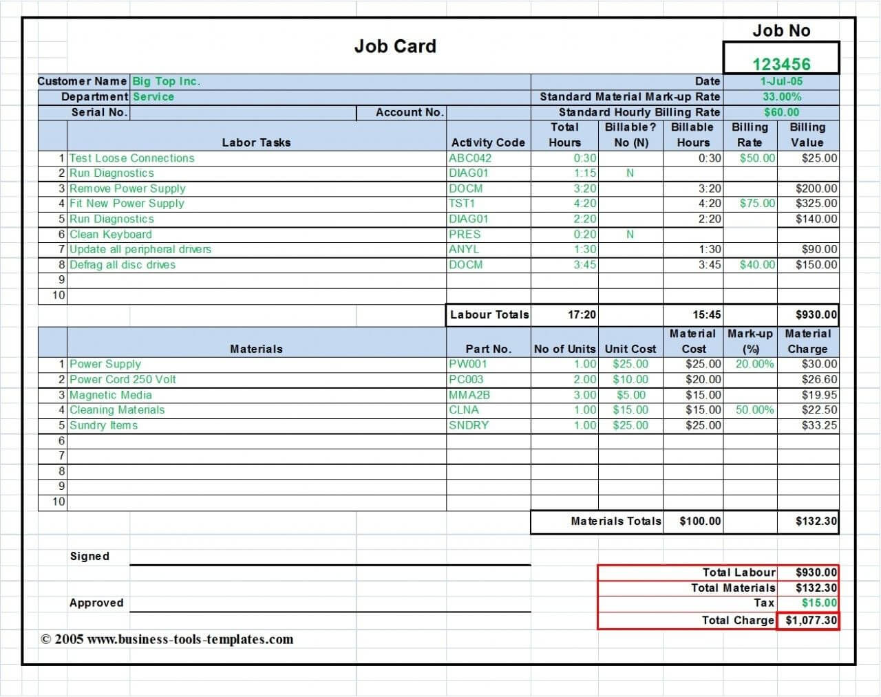 Workshop Job Card, Labor & Material Cost Estimator Inside Sample Job Cards Templates