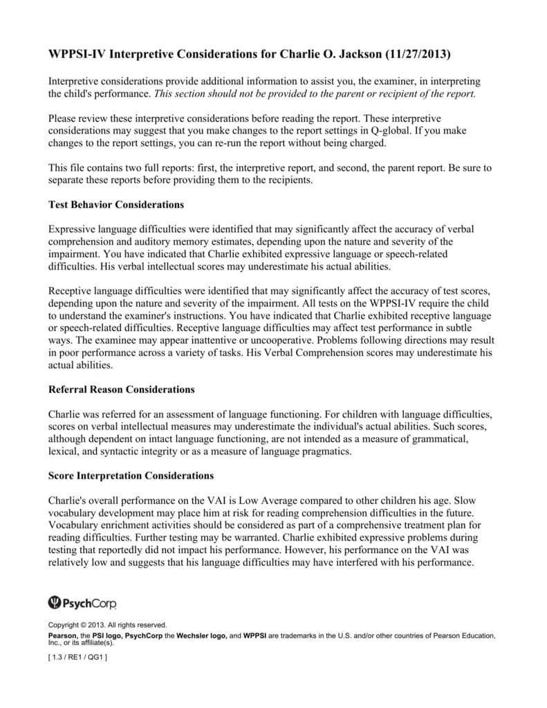 Wppsi Iv Interpretive Report Sample Regarding Wppsi Iv Report Template