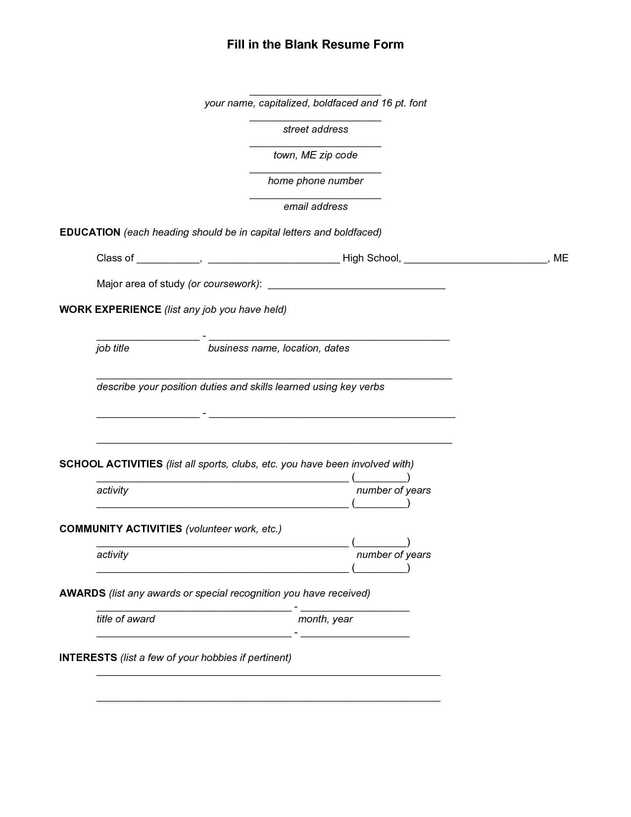 You Can Fill In | Student Resume, Resume Form, Job Resume For Free Blank Cv Template Download