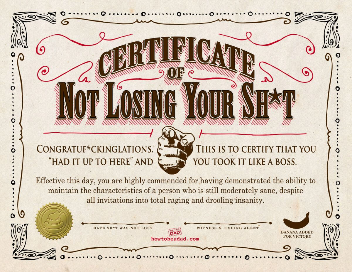 Your Certificate Of Not Losing Your Sh*t | Funny Intended For Funny Certificates For Employees Templates